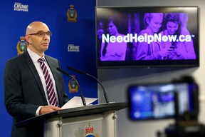 Stephen Sauer, Cybertip.ca director, speaks during a press conference regarding a sextortion case, at Winnipeg Police Service headquarters on Wed., June 28, 2023.